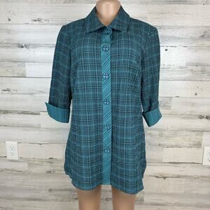 Ali Miles Teal Plaid Seersucker Art to Wear Jacket Size Small Button Front Tunic